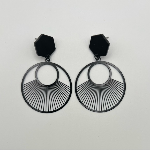 Black Art Deco Geometric Classic Dangle Earrings - Minimalist Statement Earrings - Picture 8 of 14